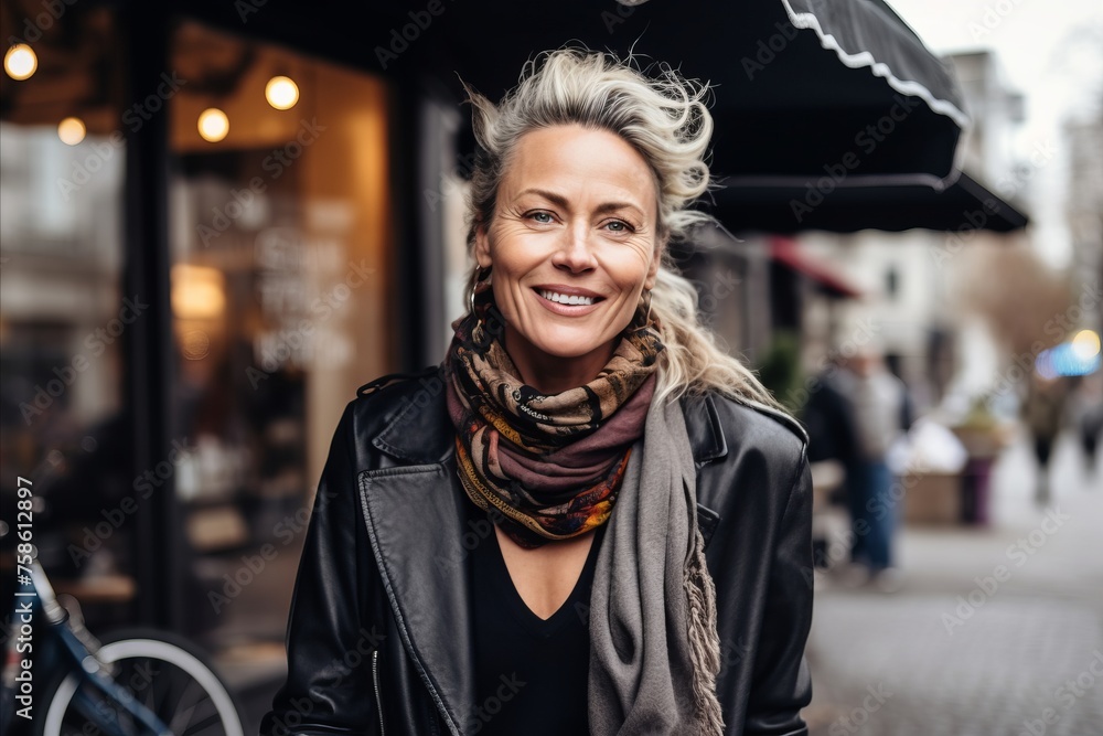Portrait of a smiling mature woman in a leather jacket and scarf on a city street. Portrait of a smiling mature woman in a leather jacket and scarf on a city street.