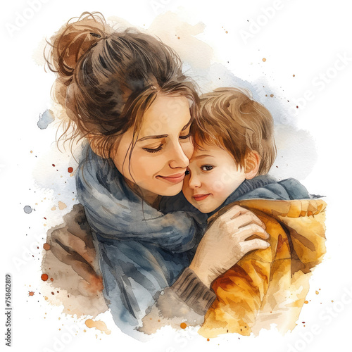 Portrait of a son hugging her mother from shoulder. Illustrated in watercolour style on white background. Concept of senior care for moms or happy mother's day.