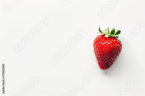 A fresh red strawberry placed on a white background, top view, with copy space for text