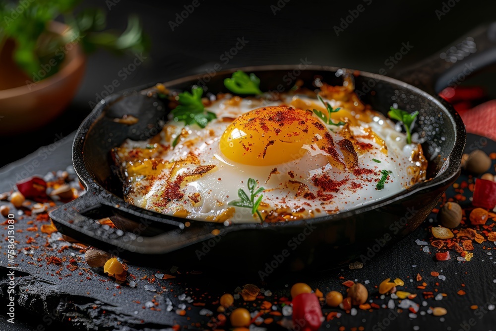 A fried egg sizzling in a cast iron skillet on a black background