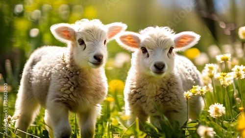 two lambs engage in a playful dance among dandelions and assorted spring flowers