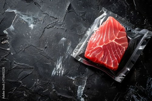 Freshly frozen tuna fish steak inside a vacuum-sealed plastic bag placed on a black stone surface, shot from a top-view perspective