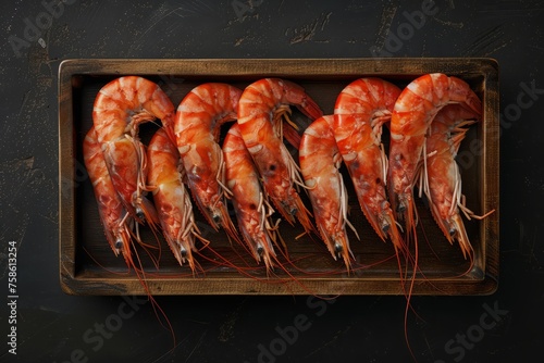 A wooden tray filled with frozen wild Argentinian red shrimps on a table, with heads intact. The photo is taken from a top-down view, showcasing the shrimp on a black background