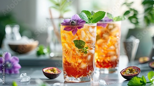 Passionflower tea in a glass cup on a table with bokeh background