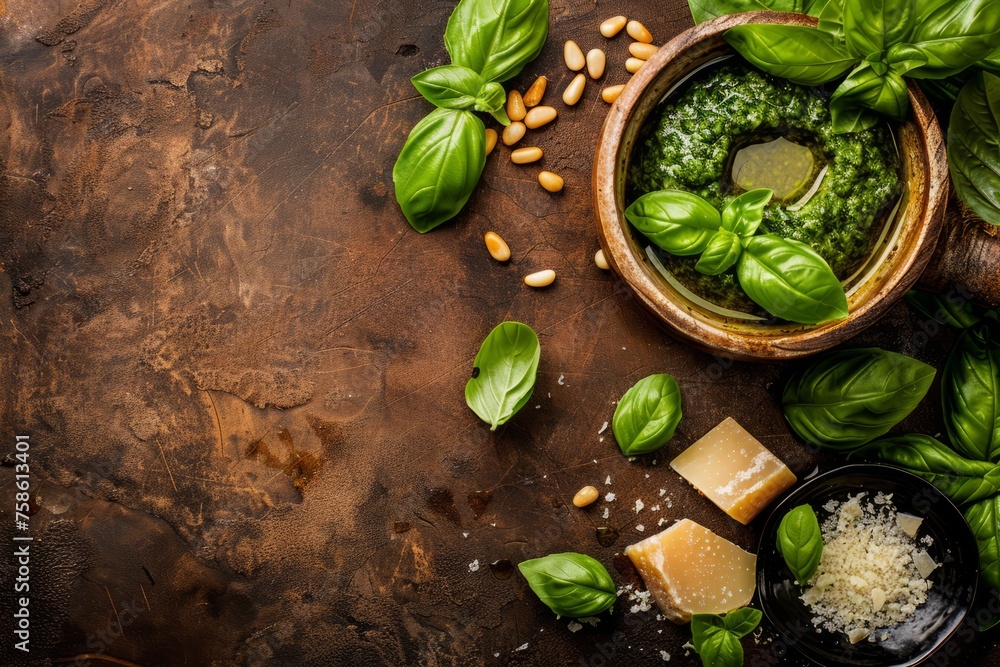 Fresh spinach and creamy cheese in a bowl, presented on a wooden table - obrazy, fototapety, plakaty 