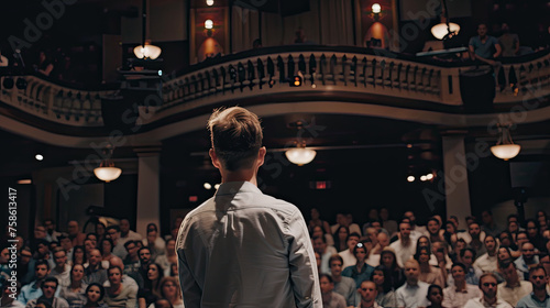 A person stands facing an audience in a theater seen from behind under spotlight with spectators in soft focus