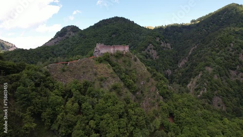 The historic poenari citadel amidst lush greenery, aerial view photo