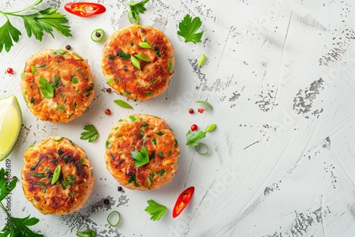 Three crab cakes garnished with herbs displayed on a white surface