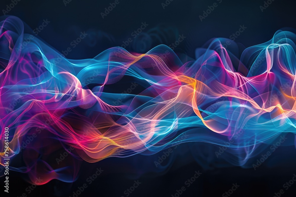 An abstract representation of sound waves or music notes, expressed through vibrant colors and dynamic shapes An abstract representation of sound waves or music notes, expressed through vibrant colors and dynamic shapes