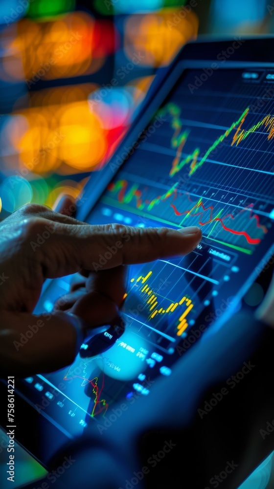 Man using tablet with stock market graph. Generative AI. Man using tablet with stock market graph. Generative AI.