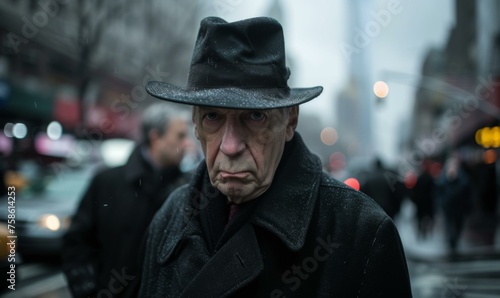 An older sad man wearing a hat and coat on a city street. Generative AI. photo