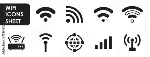 Set Of Wi-Fi And Wireless Icons. WiFi Zone Sign. Remote Access And Radio Waves Communication Symbols. Vector flat icons design.