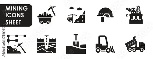 A set of icons related to surface and underground mining. Mining and quarry icon sheet.