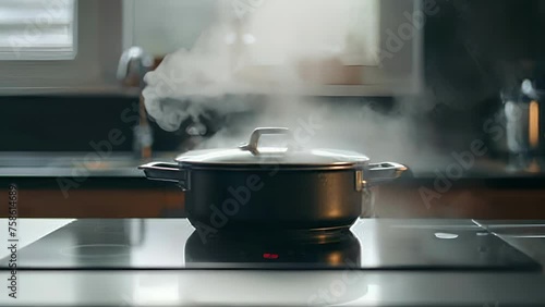 Steam rising from a pot on an induction cooktop demonstrating its precise temperature control. photo