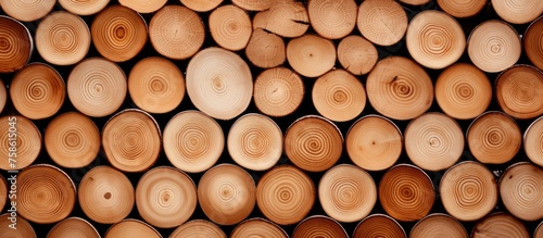A circle of logs, a natural material, stacked on top of each other. Light shines through the wood, ready to be used for cuisine or turned into lumber