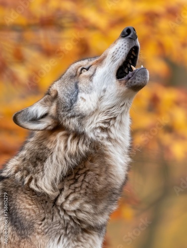 A wolf is standing in a field of autumn leaves, looking up at the sky photo