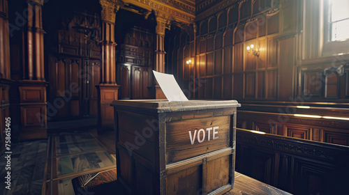 Vintage wooden ballot box with a vote slip in an ornate oldfashioned room illuminated by soft natural light photo