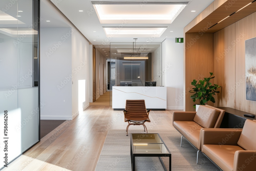 Fototapeta premium Corporate Business Photography of a Minimalist Office Design with Clean Lines and Neutral Colors, Generative AI