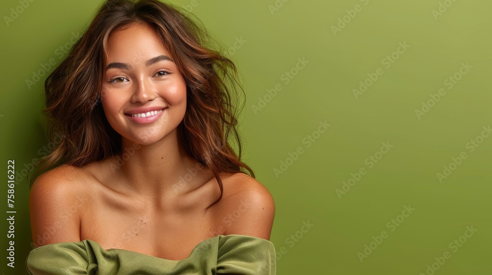 A woman with long brown hair is smiling and wearing a green dress A woman with long brown hair is smiling and wearing a green dress