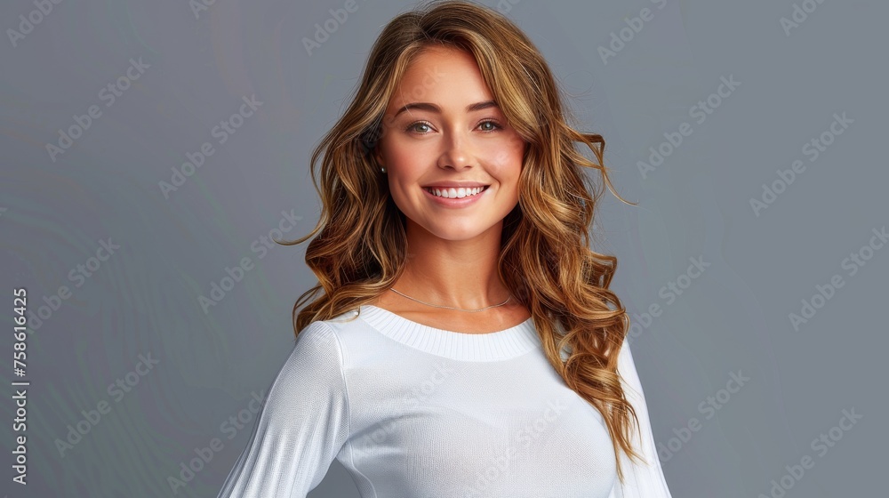 A woman with long brown hair is smiling and wearing a white shirt A woman with long brown hair is smiling and wearing a white shirt