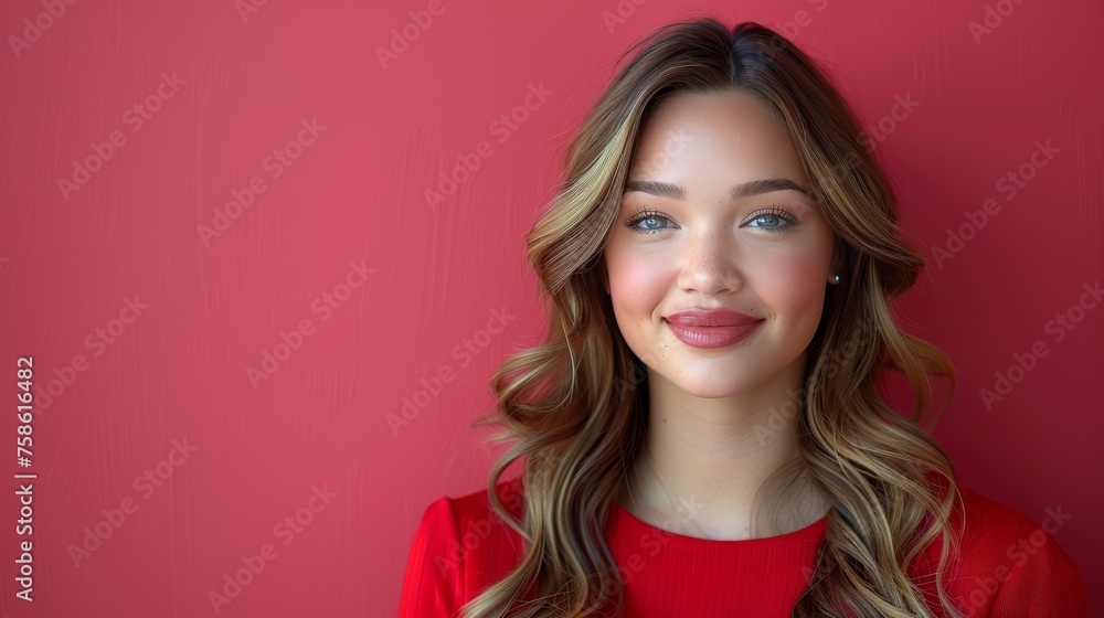 A woman with long brown hair and a red dress is smiling A woman with long brown hair and a red dress is smiling