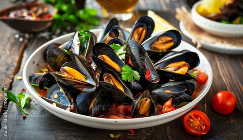 french dish Mussels in a white plate, french cuisine
