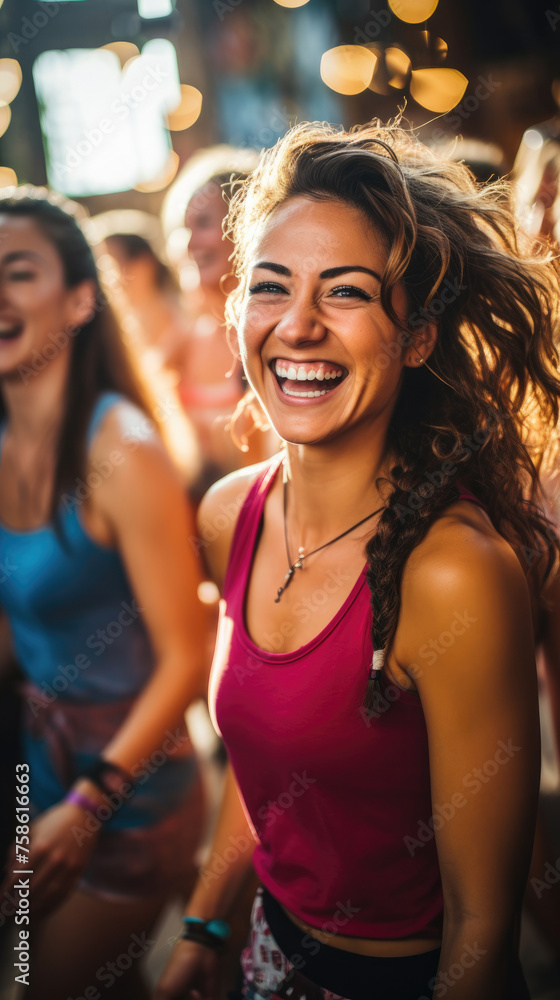 Beautiful portrait women enjoying Zumba dancing class by expressing the joy of their active lifestyle with female friends created with Generative AI Technology
