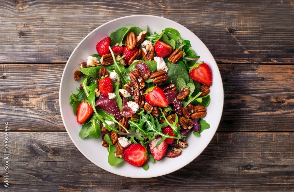 strawberry pecan and warm goat cheese salad in white plate strawberry pecan and warm goat cheese salad in white plate