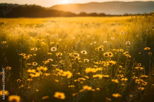  field of wildflowers bathed in golden sunlight,