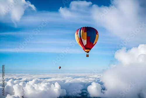 hot air balloon drifting through fluffy white clouds