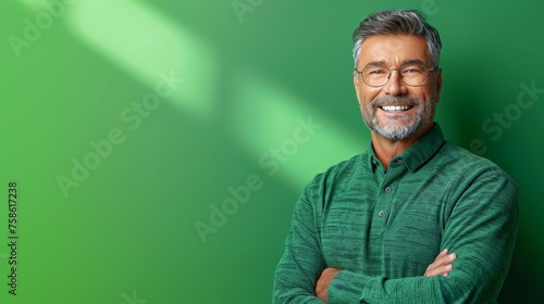 A man with glasses is smiling and standing in front of a green wall