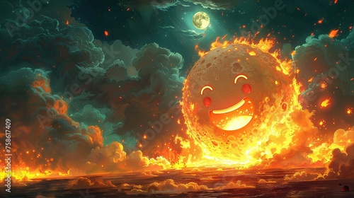 A lively cartoon scene unfolds as a meteor cloaked in fantasy flames