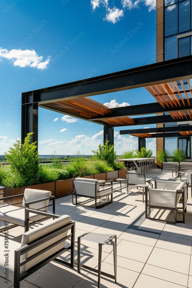 Corporate Business Photography of a Serene Rooftop Terrace with Outdoor Seating, Generative AI