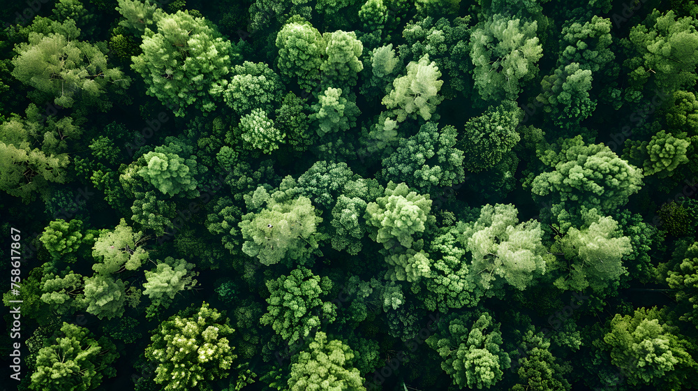 Aerial top view of green trees in a forest. The drone view of a dense green tree captures CO2. Green tree nature background for carbon neutrality and net zero emissions concept. Sustainable green 