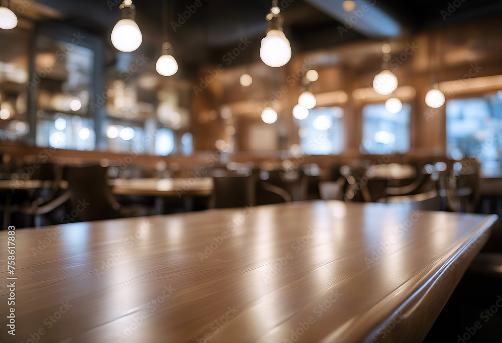 Wood table on blur cafe (bar) with light background stock photo