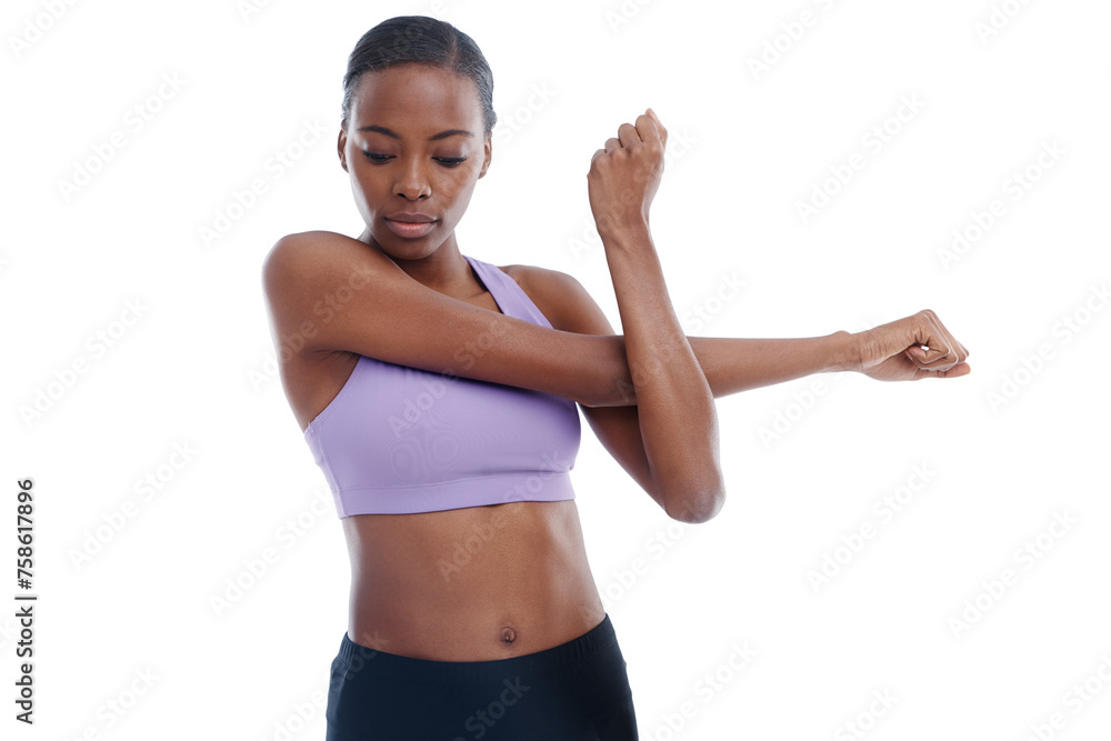Fitness, sports and stretching with confident black woman in studio isolated on white background for workout. Exercise, wellness and warm up with serious young gym model getting ready for training - obrazy, fototapety, plakaty 