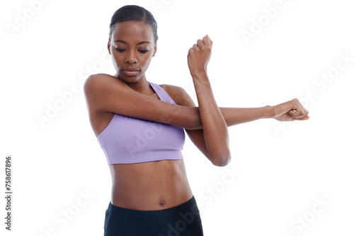 Fitness, sports and stretching with confident black woman in studio isolated on white background for workout. Exercise, wellness and warm up with serious young gym model getting ready for training