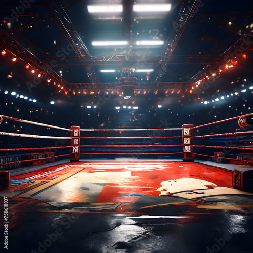 Inside of a Fighting Boxing ring inside a wrestling stadium with spotlights overhead ready for crowds and audiences Indoor Sports Entertainment Competition photo