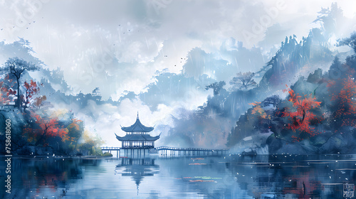 Chinese painting style landscape with tranquil atmosphere and traditional cultural elements. Suitable for relaxation and artistic appreciation.