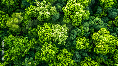 Aerial top view of green trees in a forest. The drone view of a dense green tree captures CO2. Green tree nature background for carbon neutrality and net zero emissions concept. Sustainable green 