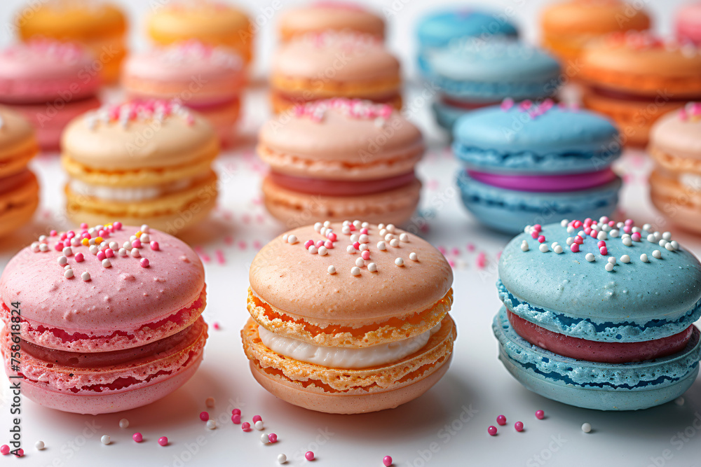 Realistic photograph of a different Pastel colours macaroons cookies
