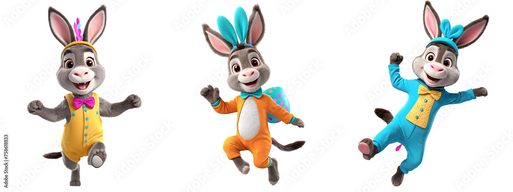 Cut out set of cute donkey plush toy wearing easter bunny costume happy ...