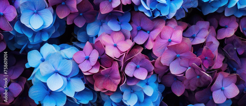 Top view background of bunch of blooming blue purple Hydrangea flowers floral petals plant created with Generative AI Technology