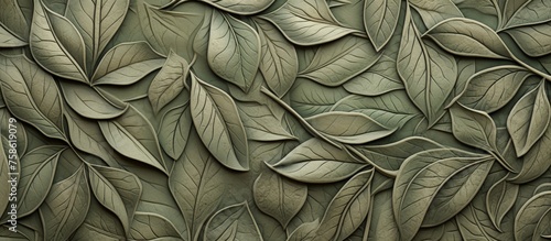 A detailed carving of plant leaves on a grey wall, resembling a textile pattern. The art piece captures the beauty of nature with intricate woodlike textures