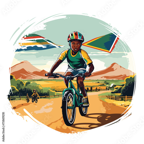 Fototapeta Naklejka Na Ścianę i Meble -  Boys ride bike park city background vector illustration