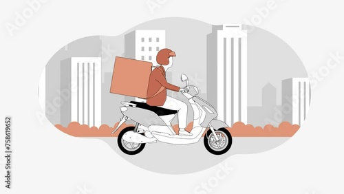 Delivery man riding scooter concept of delivery service animation on white background photo