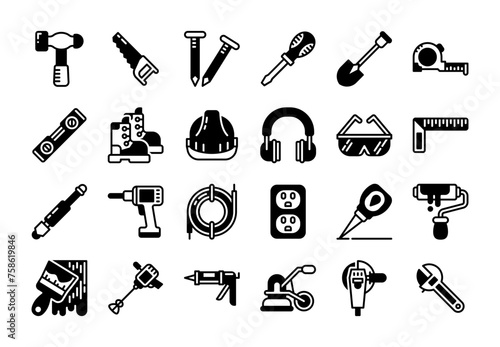 Construction tools glyph icon set