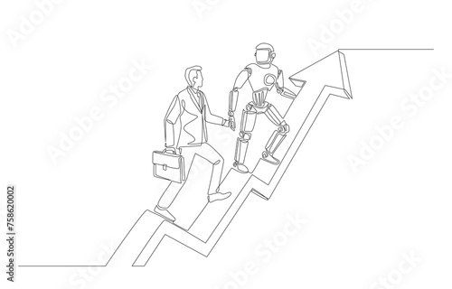 Continuous one line drawing of robot helping businessman to step up growing arrow, AI assistant concept, single line art.