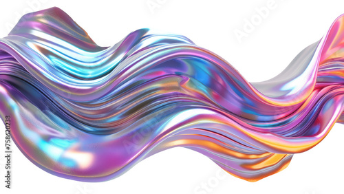 3d abstract metallic iridescent wave solid shape. isolated transparent background. PNG, cutout