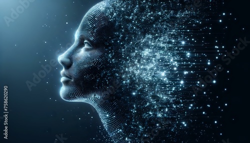 Human face of Artificial Intelligence dissolved into space. The New Face of AI